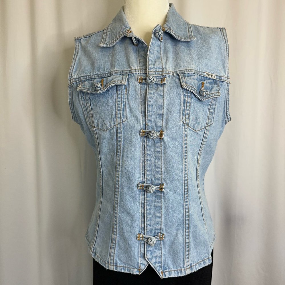 Bill Blass Denim Vest Top Knot Closure Light Blue Wash Size M